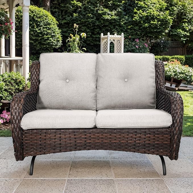 Patio Loveseat Wicker Loveseat Rattan Glider Sofa with Curved Armrest Thicking Back & Seat Cushions for Garden Balcony Backyard Brown Wicker|Beige Cushions (A) Patio Loveseat Glider