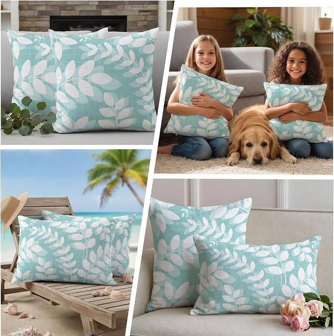 Pale Teal Leaves Outdoor Waterproof Throw Pillow Covers 26x26 Set of 2, Farmhouse Botanical Branch Vintage Boho Leaf Decorative Pillowcases Cushion Pillowcase for Couch Sofa Patio Pillow Protector