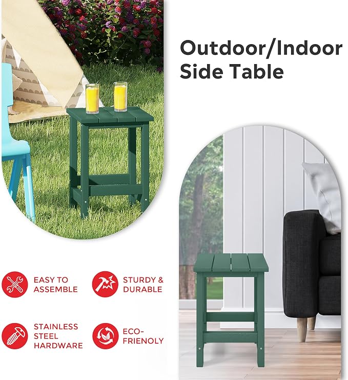 Costaelm Kids Outdoor End Table, Small Patio Table, Outdoor Side Table Porch Table Adirondack Patio Side Table for Outside, Pool, Porch, Garden, Dark Green