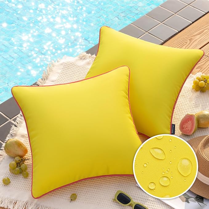 Phantoscope Pack of 2 Outdoor Waterproof Throw Pillow Covers with Contrast Piping, Decorative Square Cushion Case Patio Pillows for Couch Tent, Lemon Yellow 18x18 inches