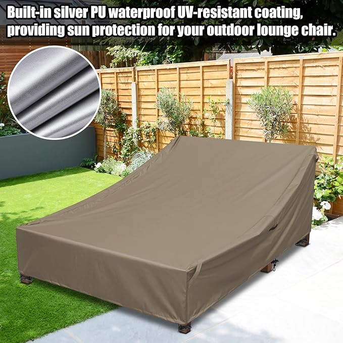 Double Chaise Lounge Cover Outdoor 100% Waterproof Weather-resistant Polyester Fabric Patio Double Wide Lounge Chair Covers All-season Weatherproof Protection Cover for Outdoors Furniture, Camel