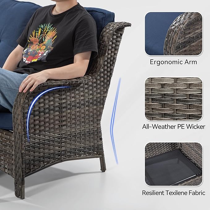 Wicker Patio Furniture Sets 8 Piece Set with 3-Seat Sofa, 2 Swivel Rocking Armchairs, 2 Armchairs, 2 Ottoman and 1 Side Table Wicker Outdoor Furniture Sectional Conversation Set, Blue