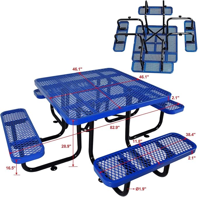 Heavy Duty Picnic Table for Outdoors 3200 lbs Load All Metal Camping Table with Umbrella Hole up to 1.5", Commercial Picnic Table with Benches for School, Coffee Shop, Blue
