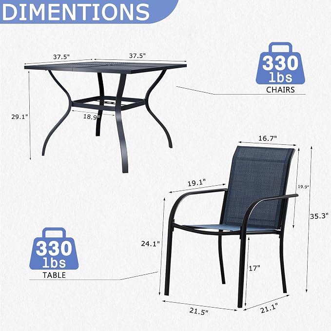 5 Piece Patio Dining Set for 4, 37.5” Black Square Table with Umbrella Hole and 4 Dark Blue Patio Stackable Chairs, Patio Table and Chairs for Backyard, Lawn, Deck & Garden