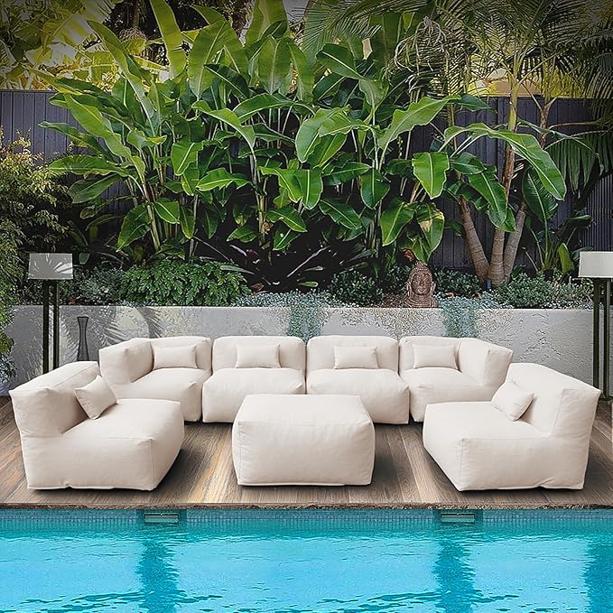 Patio Furniture Set Bean Bag Outdoor Chairs Sectional Conversation Patio Set Daybed Furniture Outdoor Sofa Couch High Density Foam Filling Modern Comfy Patio Couch (Light Beige), A01-7G
