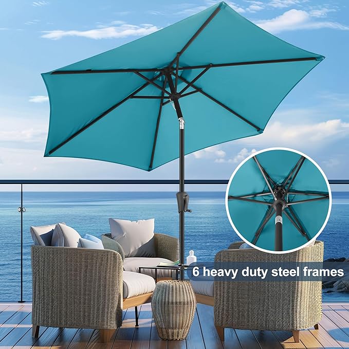 FLAME&SHADE 9ft Patio Umbrella Outdoor - Table Umbrella with Push Button Tilt and Crank, UV Protection, 6 Sturdy Ribs, Market Umbrella for Garden, Deck, Backyard, Lawn, Pool and Beach(Aqua Blue)