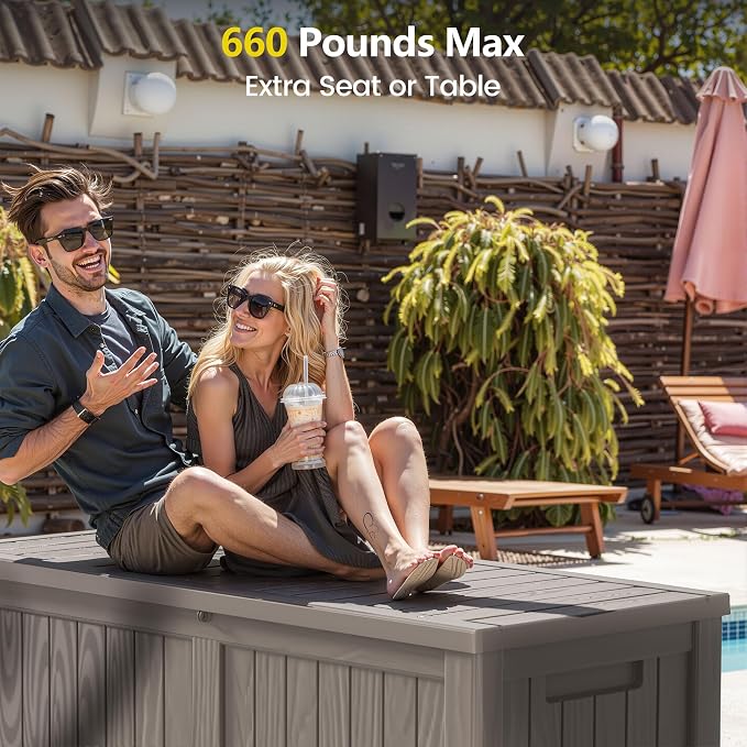 Zapdos 120 Gallon Outdoor Storage Box Deck Box with Stainless Steel Rods, Waterproof Large Resin Storage Bin for Patio Cushions Garden Tools, Lockable, Fade Resistant, Grey