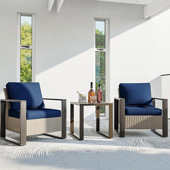 3 Piece Patio Chair Set, Outdoor Wicker Chair and Side Table, Metal Patio Furniture with Deep Seating, Thicken Cushions for Deck, Porch, Yard Use (Blue, 3 PCS/Chairs)