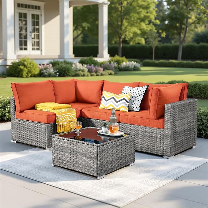 Weaxty 5 Pieces Patio Furniture Sets,Wicker Outdoor Sectional Sofa with Thicken Cushion and Rattan Coffee Table,Patio Conversation Couch Set for Porch, Balcony,Yard, Poolside,Orange Red