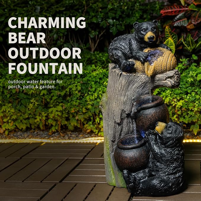23.6'' H Bear Outdoor Fountain with LED Lights, Cascading Fountains Outdoor, Resin Garden Waterfall Fountain with Pump, Cute Animal Water Feature for Courtyard,Garden and Indoor Decoration