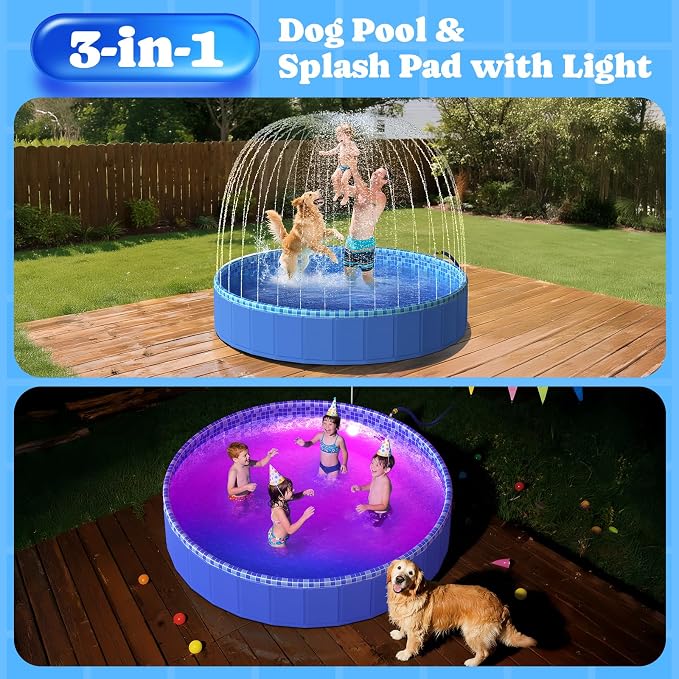Foldable Dog Pool with Sprinkler RGB LED Light, 94" Collapsible Hard Plastic Kiddie Swimming Splash Pool for Small Medium Large Doggie Kitty Puppy, Pet Bathing Tub Wading Pool for Dogs Blue