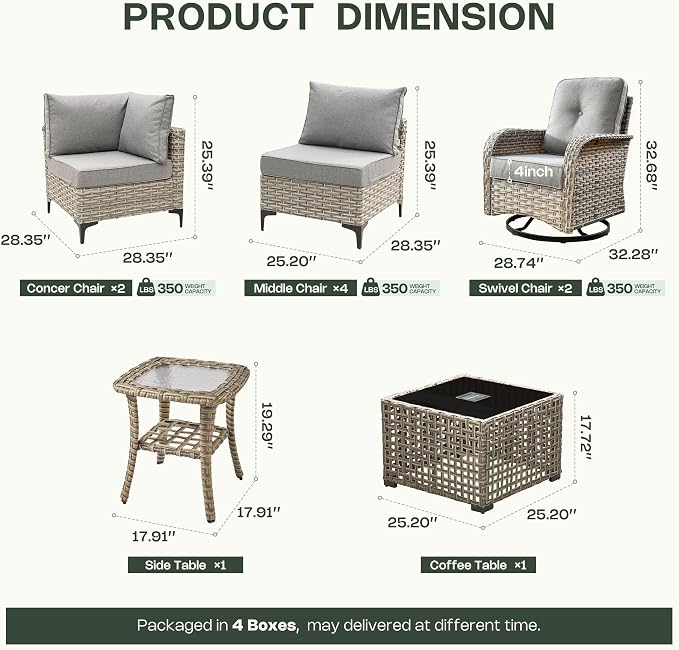 10 Pieces Patio Furniture Set, Outdoor Conversation Set with 360° Swivel Rocker Chairs, Wicker Sectional Sofa & Solar Coffee Table, High Back Outdoor Furniture L Shaped Couch for Porch Deck, Dark Gray