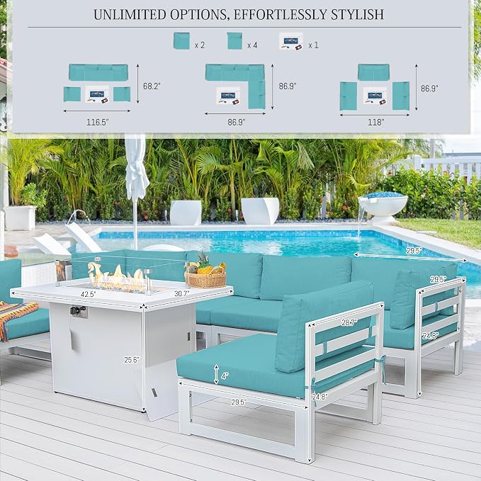 BULEXYARD 7 Pcs Large Aluminum Outdoor Patio Furniture Set with Rectangular Fire Pit Table, 29" Wide Deep Seat, Rust Proof Minimalist Sectional Sofa, 500 lbs Sturdy Outside Conversation Set, Turquoise
