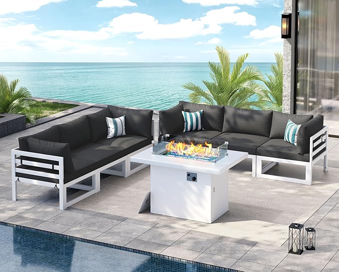 NICESOUL 7 Piece Modern Aluminum Patio Furniture Set with Fire Pit Table, 500 lbs Heavy Duty Outdoor Sectional Sofa, 29" Deep Wide Oversized Seating Conversation Couch for Garden Exterior, Dark Gray