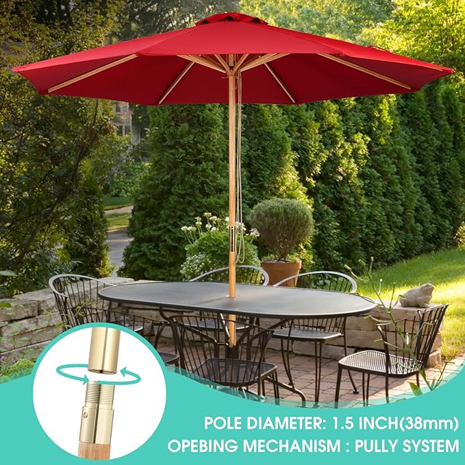 9ft Wooden Umbrella, Outdoor Patio Umbrella, Wood Market Umbrella, Patio Umbrella Wood Pole with Pulley Lift for Garden, Yard, Deck, Pool, Market