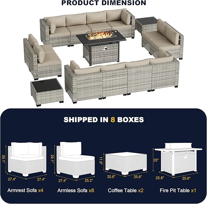 15-Piece Outdoor Patio Furniture Set with 55,000 BTU Fire Pit Table, PE Wicker Rattan Sectional Sofa Conversation Set - All-Weather Garden, Backyard Furniture, Beige
