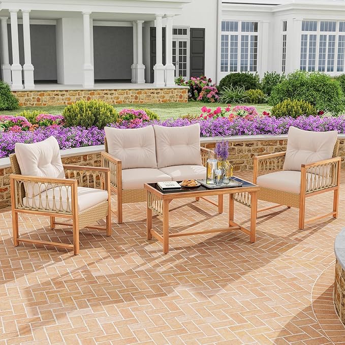 Tangkula 4 Pieces Patio Furniture Set, Outdoor PE Wicker Conversation Bistro Set with Acacia Wood Frame, Cushions and Tempered Glass Coffee Table for Porch, Balcony, Deck and Backyard (Beige)