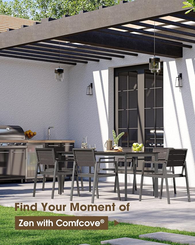 Outdoor Dining Set for 6, Aluminum Patio HDPS Outdooor Table and Chairs Set with Umbrella Hole, All Weather Patio Furniture Set, 7 Peice Patio Dining Table Set (Charcoal)