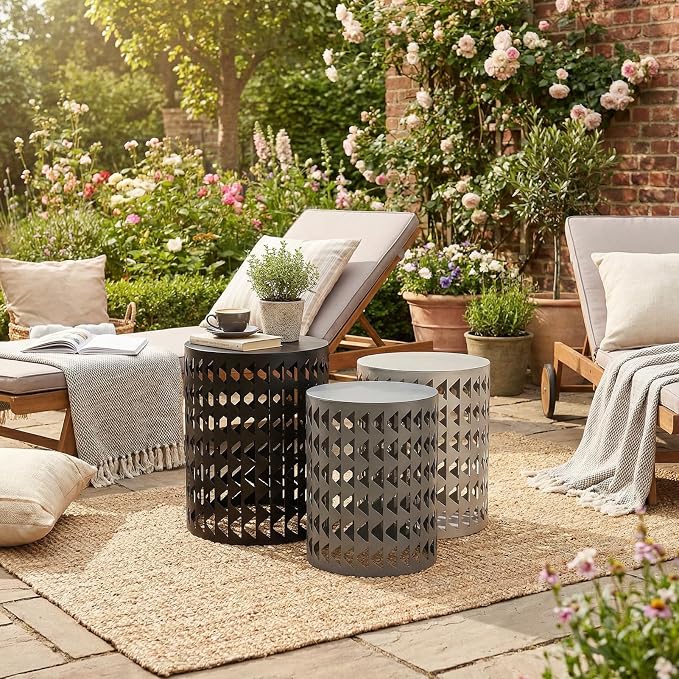 Round Coffee End Tables Set of 3 for Home Office Indoor Garden Outdoor | Multifunctional Nesting Outdoor Side Table, Modern Furniture Nightstands Decor Side Tables Plant Stand Metal Black and Gray