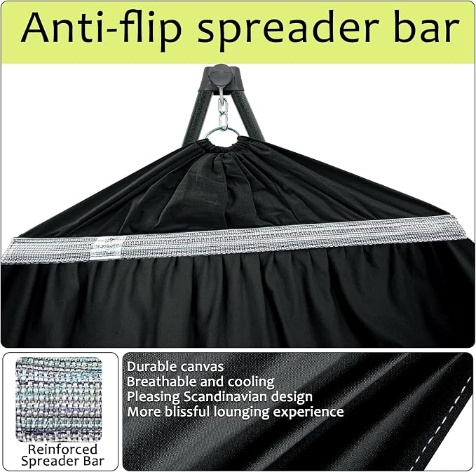 Tranquillo Ultimate Relaxation Portable Hammock Stand with Cotton Canvas Net, Spreader Bar, Quick Fold Unfold in 30 Seconds Steel Frame Hammock 600 lbs Capacity Outdoor, Black