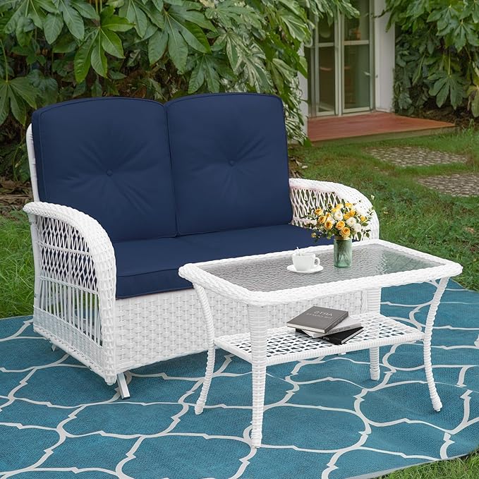 MEETWARM Outdoor Wicker Patio Glider Set, Loveseat for 2 Person Porch Furniture Glider with Glass-Top Coffee Table, Patio Glider Rocking Bench with Thickened Cushions, White Wicker/Navy