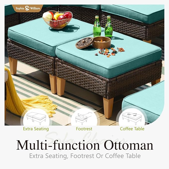 Sophia & William Patio Furniture Set with Fire Pit Table, 9 Piece Outdoor Wicker Furniture Sectional Sofa, Large Patio Rattan Conversation Set with Ottoman & 45" Fire Pit Table(Aqua Blue)
