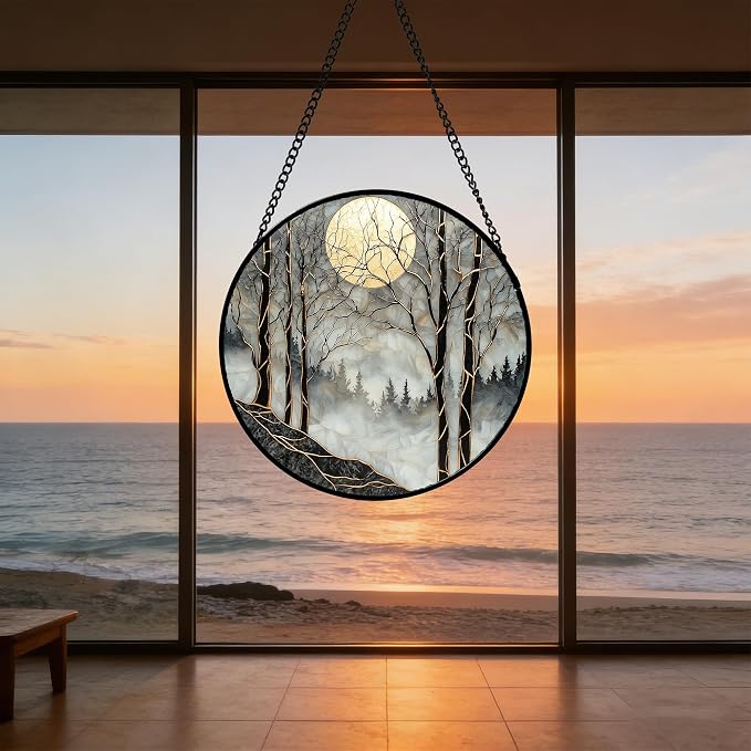 Stained Glass Window Hanging - Grey Moon Forest Sun Catcher for Door Home Decor Suncatcher Christmas Mother's Day Birthday Gifts for Women Men Lovers Mom Nana 7.8 in