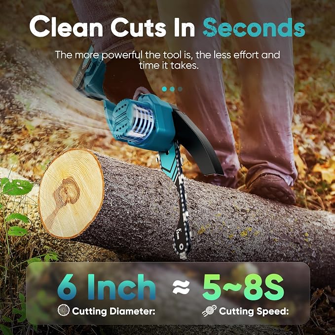 Mini Chainsaw- 6 Inch Electric Mini Chain Saw Cordless Battery Powered One-Hand Tree Trimming Saw, Portable Gardening Gadgets for Men, Unique Birthday Gifts (Blue)