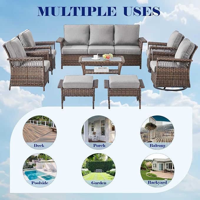 Outdoor Patio Chairs Wicker Chair - 3 Piece Rattan Patio Bistro Chairs Set with Sturdy Frame,All-Weather PE Wicker and Comfortable Cushions,1 Side Table for Outside Porch Deck Balcony(Brown/Grey)