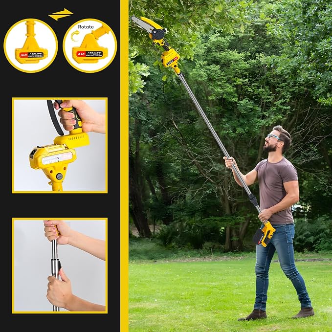 2-in-1 Electric Pole Saws for Tree Trimming, 6 Inch Mini Chainsaw Cordless with Extension Pole, Battery Powered Pole Chain Saw, Tree Trimmer Limb Branch Cutter Pruner with 2 Battery & Charger (Yellow)