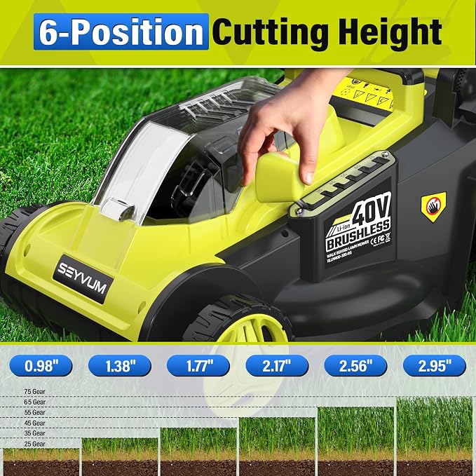 SEYVUM 40V 16-inch Cordless Lawn Mower with 45L Grass Collection Bag, 6 Position Height Adjustment Electric Lawn Mower, 2 x 20V 4.0Ah Battery Powered Push Lawnmower, 2.4A Fast Charger, Lemon Green