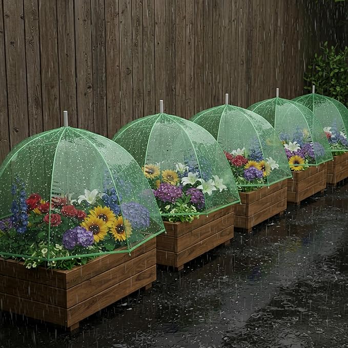 Abbylike 4 Pcs Plant Umbrella Transparent Garden Plant Umbrellas Adjustable Height Waterproof Portable Greenhouse Umbrella for Small Plants Potted Plants Garden Flower Beds (25 Inch,Green)
