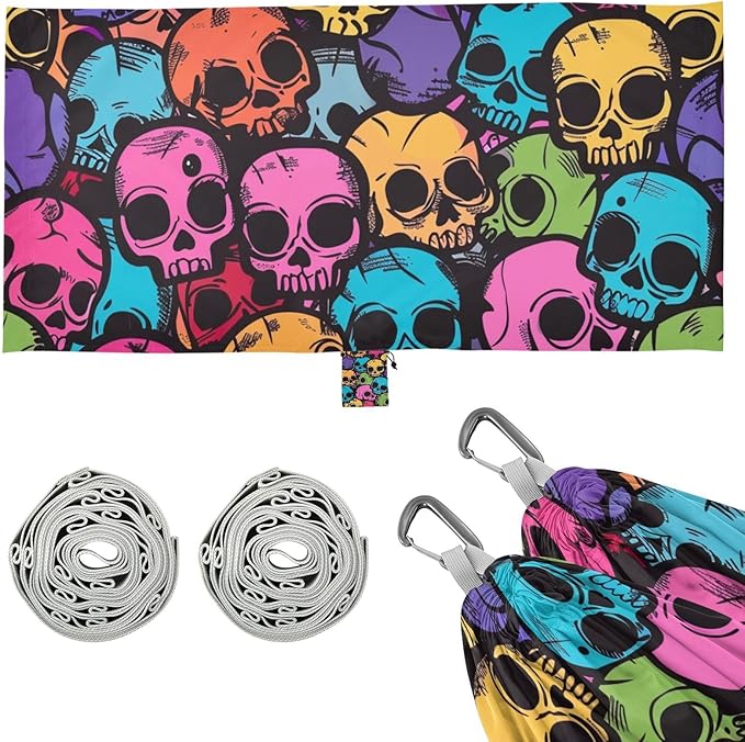Colorful Cartoon Skulls 330lb Capacity Camping Hammocks with Tree Straps Indoor Hammock for Patio Backyard Lounge Base capas para la Lluvia