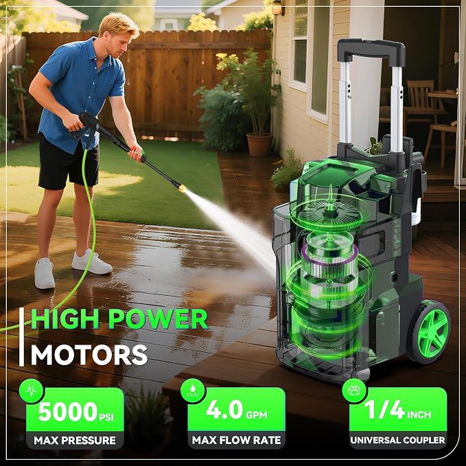 Electric Pressure Washer, 5000 PSI 4.0 GPM Heavy Duty Power Washer, with 4 Nozzles,Foam Cannon,33FT Hose Reel and 500ml Soap Bottle for Home/Cars(Green)