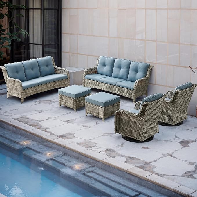 Rilyson Patio Furniture Swivel Chairs Set - 6 PC Wicker Rattan Outdoor Sectional Conversation Sets with 2 Rocking Chair,2 Ottoman and 2 Sofa for Porch Deck Garden(Light Grey/Sky Blue)