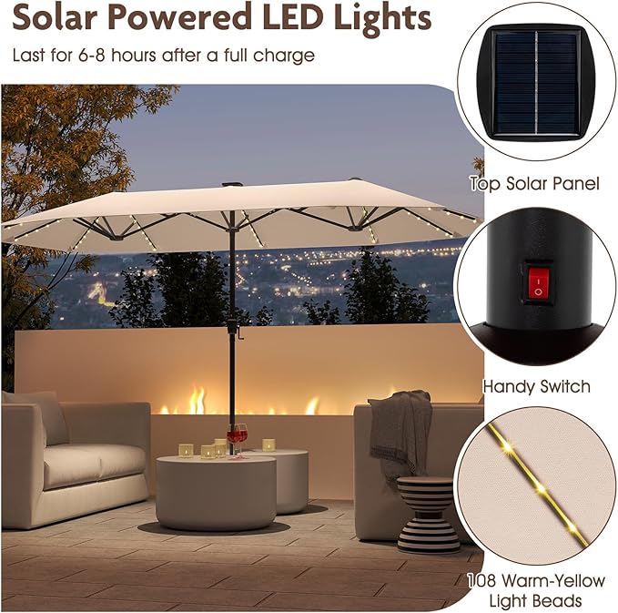 Tangkula 13 Ft Solar Patio Umbrella, Double-Sided Extra Large Outdoor Market Table Umbrella with 108 LED Lights, Crank Handle, 12 Sturdy Ribs for Poolside, Garden & Backyard (Beige)