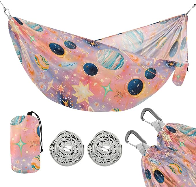Camping Hammock Outdoor Hammocks for Outside Gouache Cosmic Planets Galaxy Beach Trees Portable Lightweight with Pockets Tree Straps Indoor