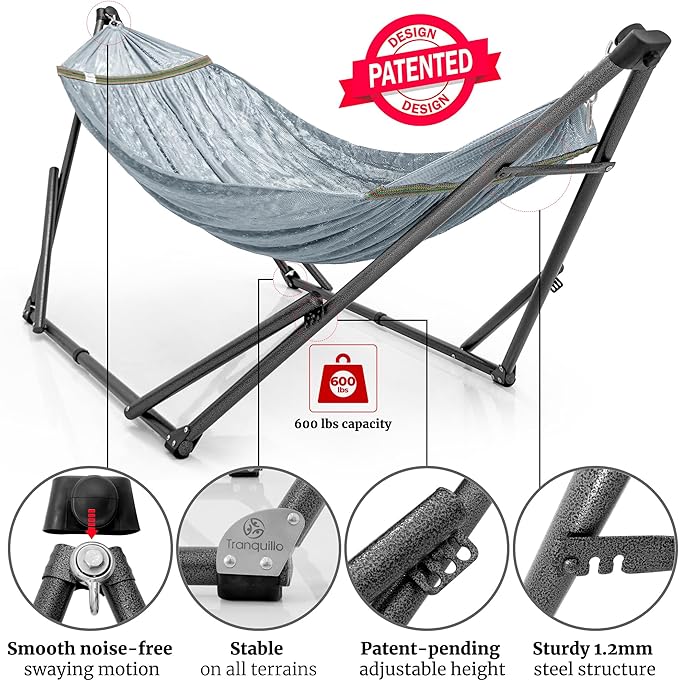 Tranquillo Combo x2 Hammocks with Stand for Outside & Tree Straps, Heavy Duty Hammock with Stand 600lbs for Indoor Outdoor Patio Backyard, x2 Hammocks for 2 Person (Combo - Grey, Medium)