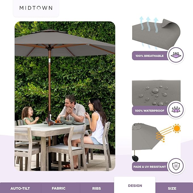Midtown Umbrellas Wooden 2-10 Ft Patio Umbrella with 360° Swivel & Tilt Mechanism, 8 Fiberglass Ribs & Terylast Polyester Fabric for Deck, Pool, Garden & Porch - Charcoal Canopy, Wooden Pole