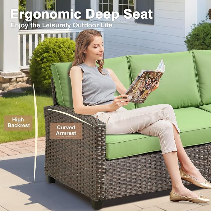 ovios 8 Pieces Patio Furniture Set, Outdoor Wicker Sofa Couch with 54" Fire Pit Table Comfy Cushions, All Weather Brown Rattan Conversation Set for Backyard Deck, Green