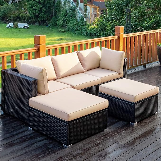 Tangkula 5 Piece Patio Furniture Set, Outdoor Sectional Rattan Sofa Set with Cushions and Coffee Table, Suitable for Backyard Porch Garden Poolside and Deck, Wicker Conversation Set (Brown)
