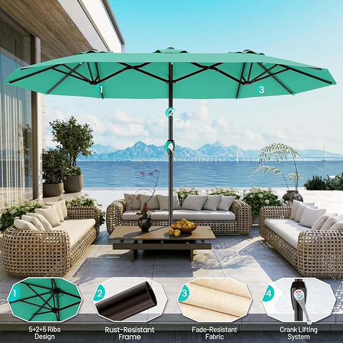 AreShark 15FT Outdoor Patio Umbrella with Crank, Large Rectangular Market Umbrella, Double-Sided Outdoor Umbrellas with Cross Base & Sandbag for Porch, Lawn, Pool, Backyard, Cerulean