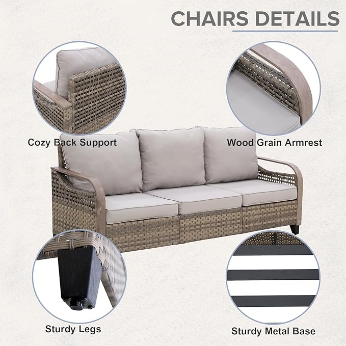 COOS BAY Modern Wicker Outdoor Furniture Set, 4 Piece Patio Conversation Set with 2 Patio Chairs, a 3 Seat Couch and Side Table, 4 Piece, Brown/Gray