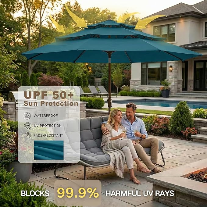 Kingdura 9ft 3-Tier Patio Umbrella, Outdoor Table Umbrella with Easy Crank & Tilt, 8 Reinforced Ribs, UV Protection for Deck, Pool, Market, Backyard (Lake blue)