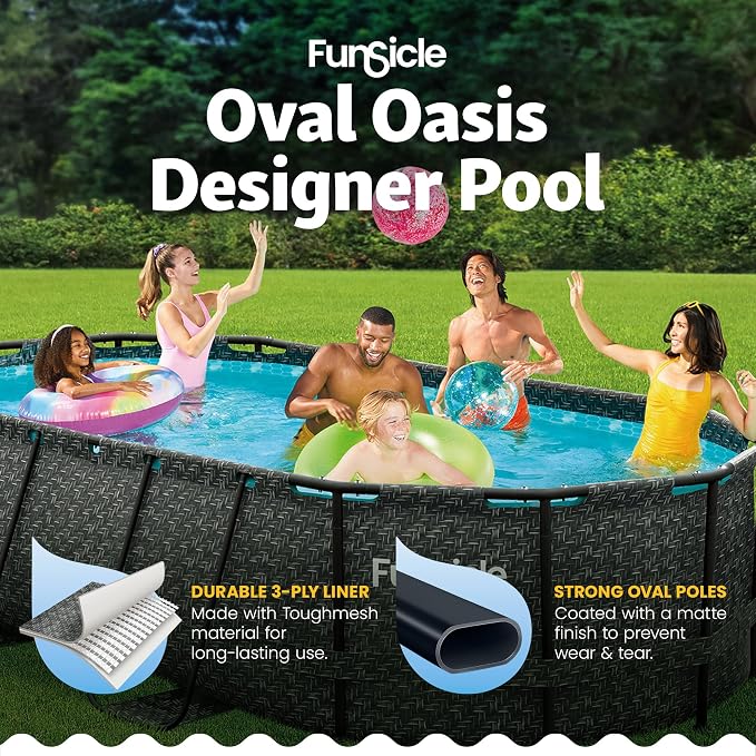 Funsicle Oval Oasis Designer 13'11" x 8'2" x 39.5" Above Ground Swimming Pool, with FiltraBoost Filter 800 GPH Pump with AutoSkimmer, Ladder & Type D Filter Cartridge, Dark Herringbone
