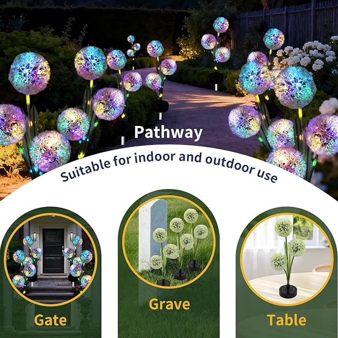 Solar Flowers Lights- Solar Garden Lights Outdoor Waterproof Dandelion, 40 Hours Solar Powered Outside Decor for Yard Patio Pathway Lawn, Birthday Gifts for Mom, Friend, 2pcs