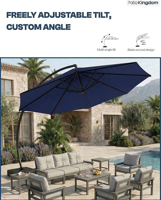 11 FT Cantilever Umbrella with Base Included, Large Round 360° Rotation Offset Umbrella Outdoor Patio, Heavy Duty Aluminum Frame, Sand-Weighted Stand, for Deck, Backyard, Pool, Garden (Navy Blue)