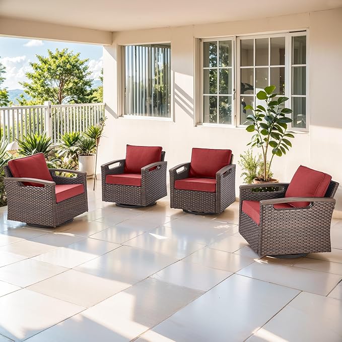 Luxury Outdoor Swivel Rocker Patio Chairs Set of 4 - Heavy Duty 4 Piece Patio Furniture Set All Weather Wicker Glider Set with Comfort Thick Cushion for Porch, Poolside and Deck - Red