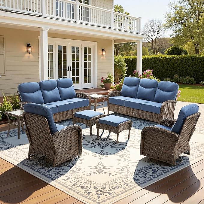 8-Piece Luxury Patio Furniture Set with 6-inch Thick Cushion,Outdoor Wicker Sofa Couch Set of 2 & Swivel Rocker Chairs, Conversation Set for Poolside, Deck & Yard - Blue