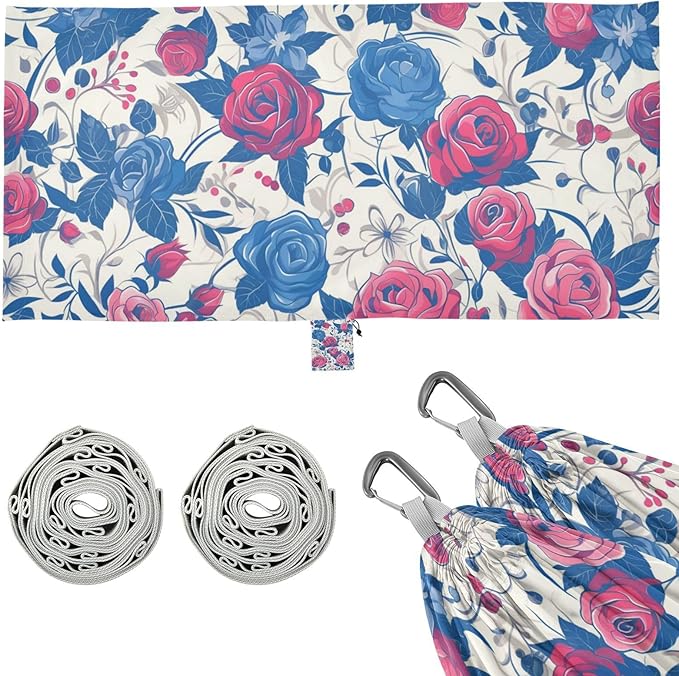 4th of July Independence Day Red and Blue Roses 330lb Capacity Outdoor Hammocks with Portabl Carry Bag Swing Hammock for Outside Patio Garden jamaca para Patio